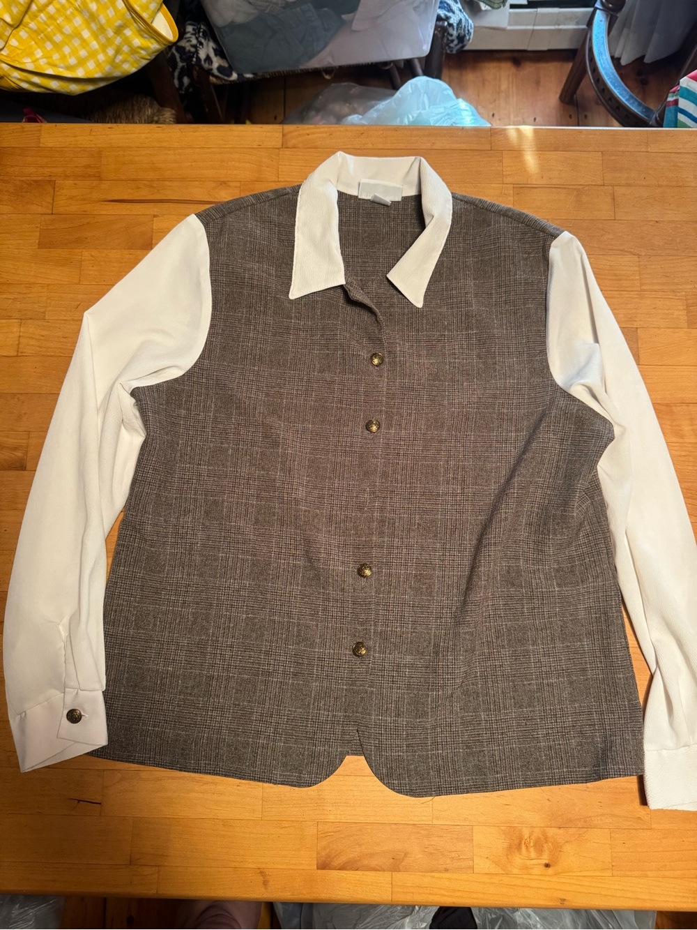 Alfred Dunner Brown Tweed-Look Button Front Blouse with Cream Sleeves